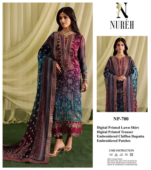 Nureh – Al Nisa Embroidery Collection Nureh Lawn & Chiffon 3-piece suit